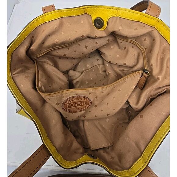 Fossil Zoey Yellow Beige Brown Leather Shopper Shoulder Hand Bag Purse U299 - Picture 8 of 10